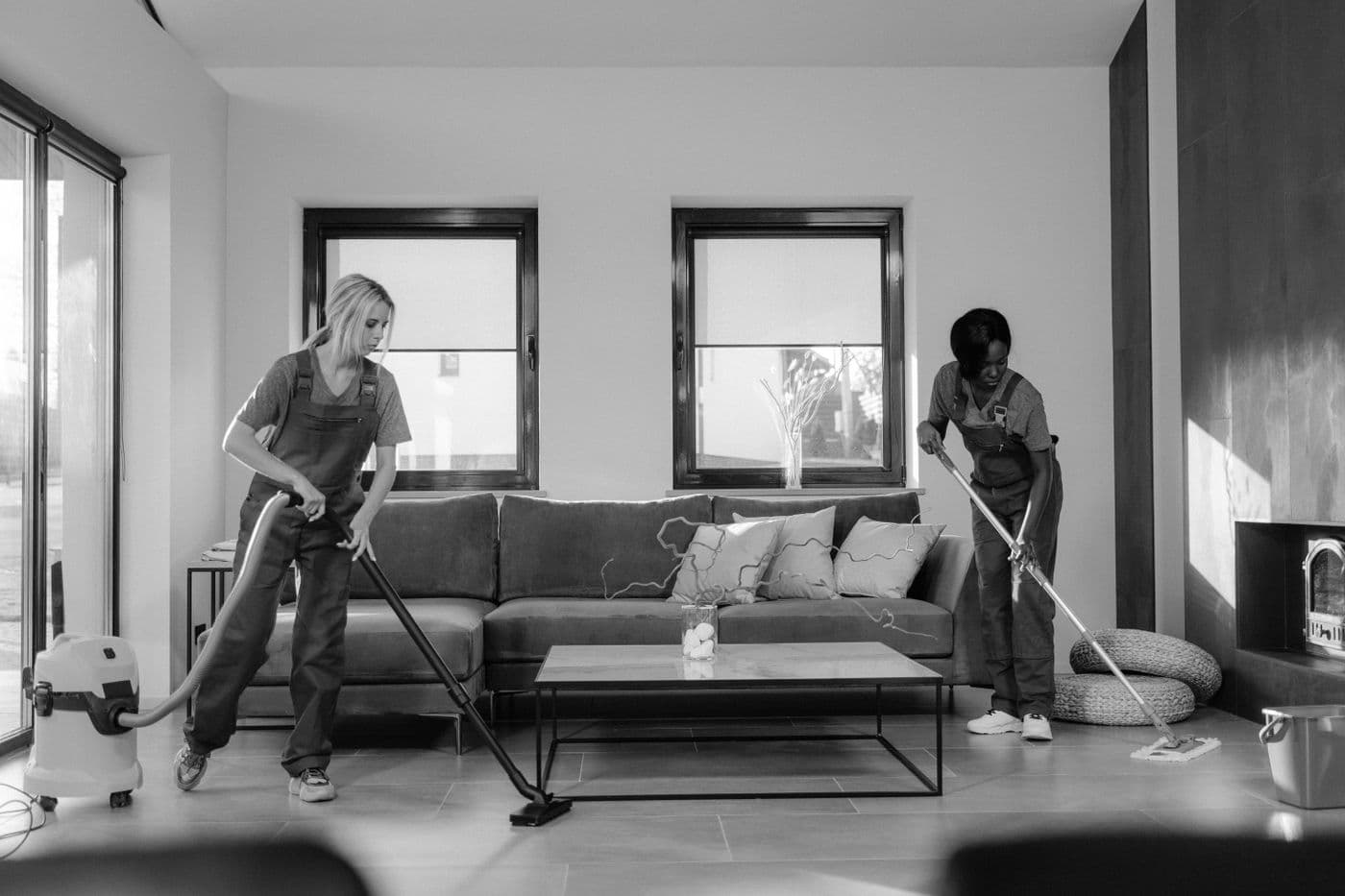 Two cleaners working through a bright living room with a vacuum and mop